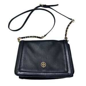 Tory Burch Landon Pebbled Leather Crossbody Wallet Bag Black 6"x8.5" Modern Chic